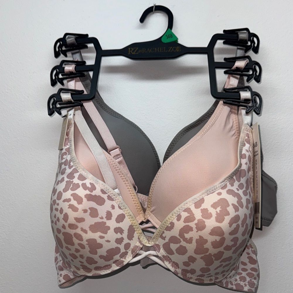 🔥Rachel Zoe Women's Pink/ Leopard and Solid Gray Bra 3 pack Sz 34B pushup New